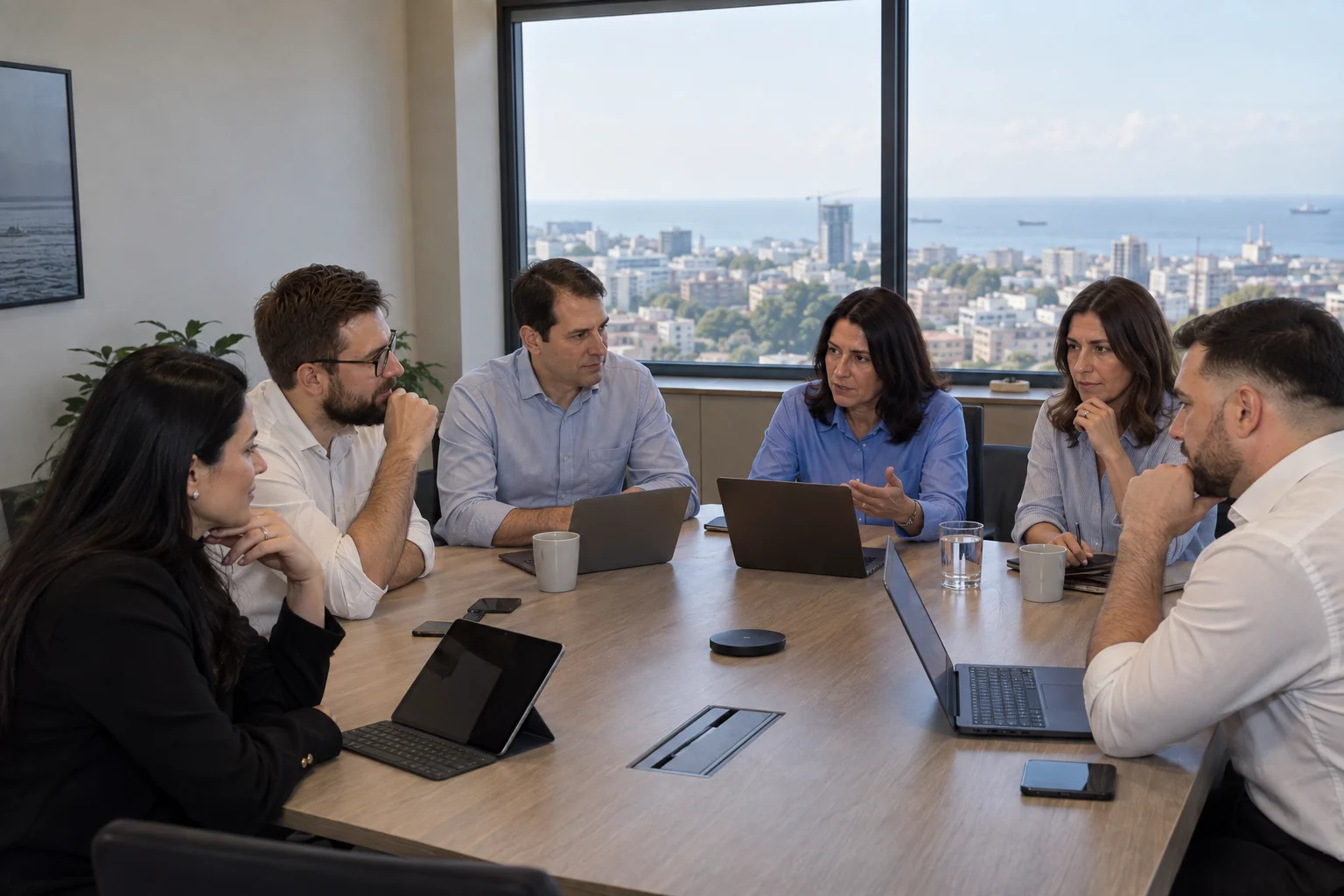 Martracon team in a meeting room overlooking the harbour, discussing fleet crewing
